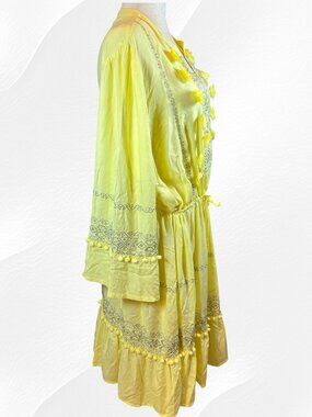Monsoon XXL NWT Yellow Boho Festival Dress Metallic Embroidered Pom Pom Tassels